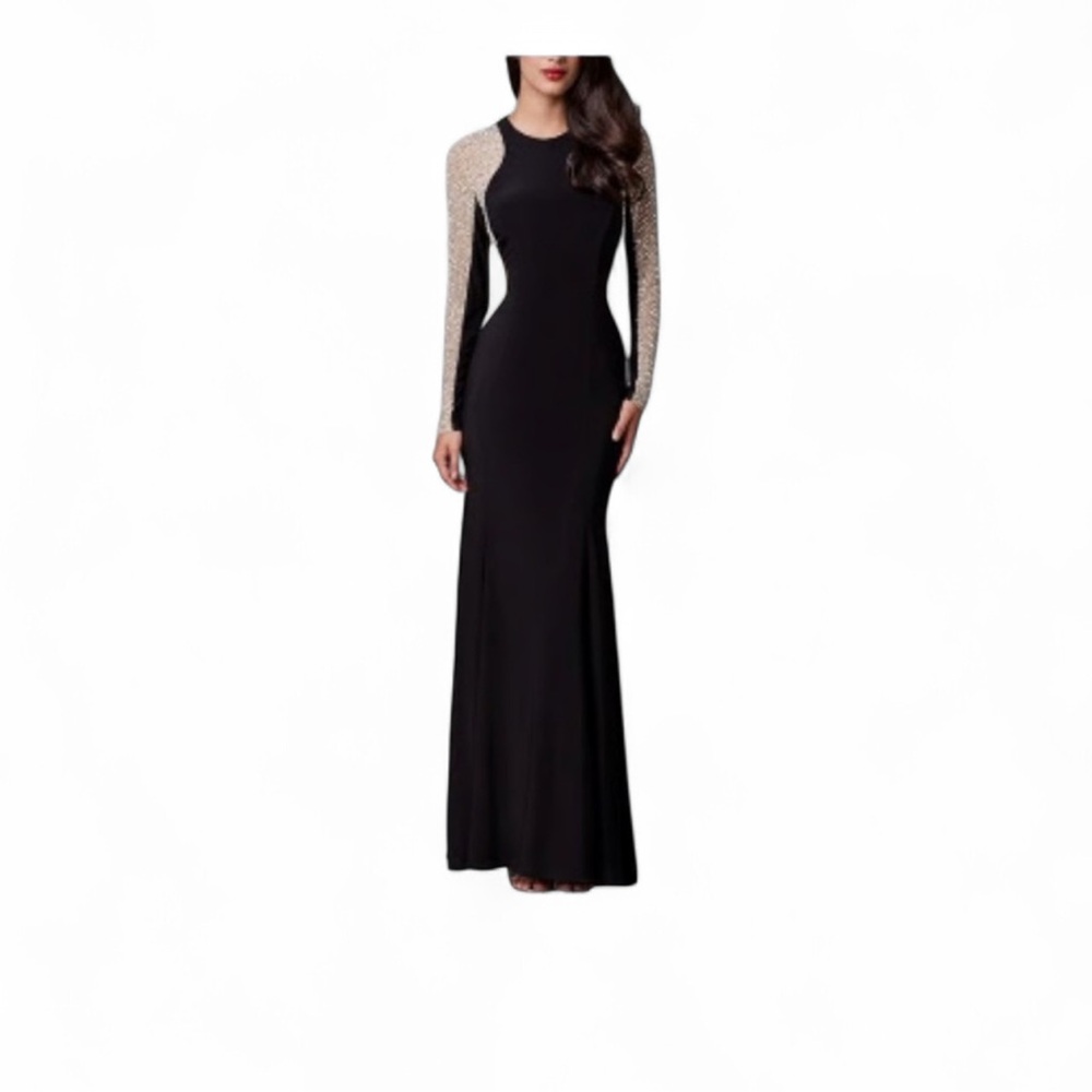 XSCAPE LONG SLEEVE CAVIAR BEADED SLEEVE JERSEY KNIT DRESS